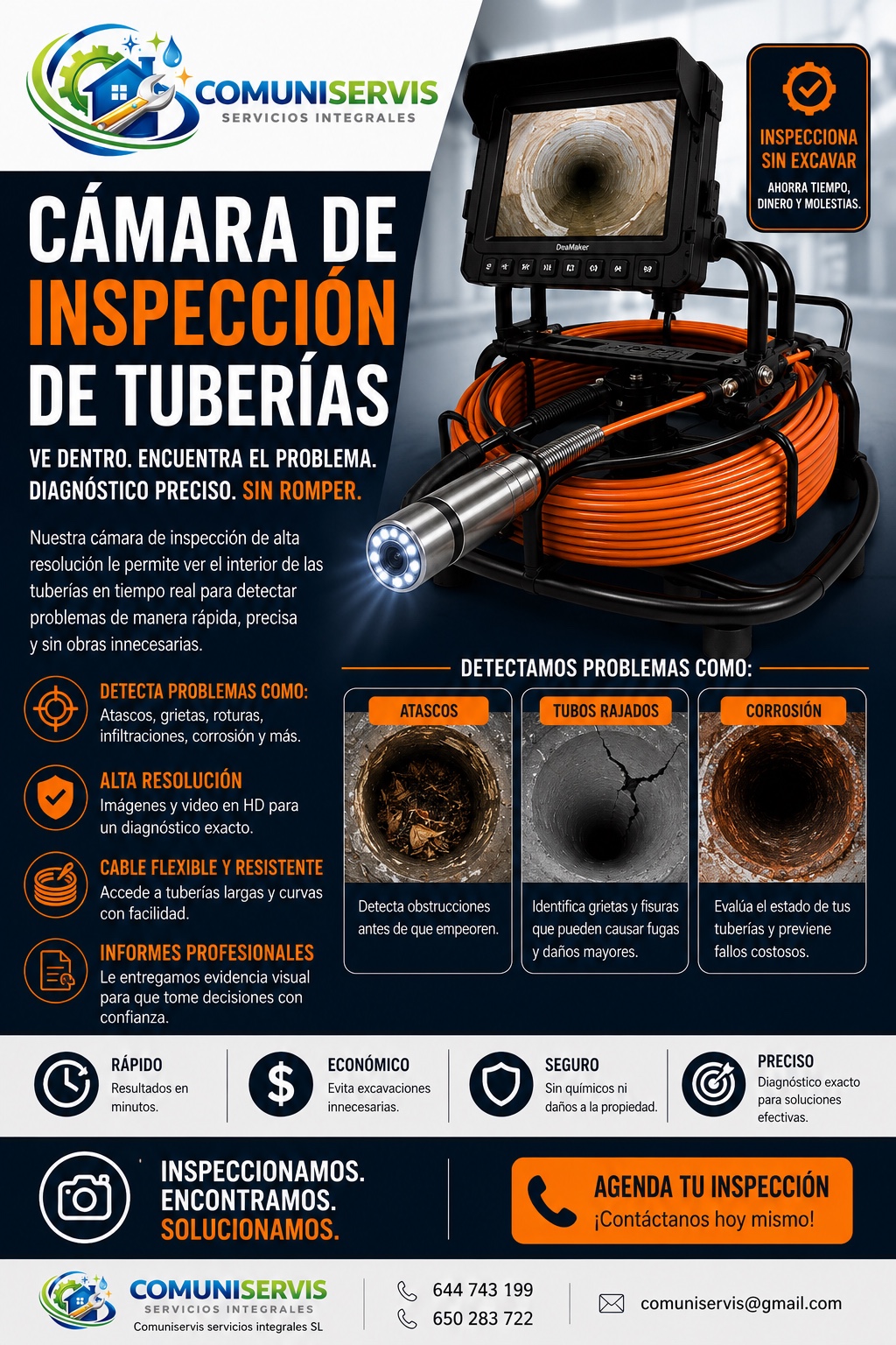 Equipo profesional de inspección de tuberías con cámara